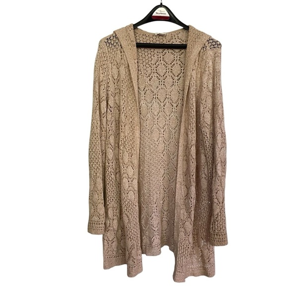 J.Jill Long Open Front Hooded Crocheted Cardigan Size M Beige Lightweight Spring - Picture 5 of 8